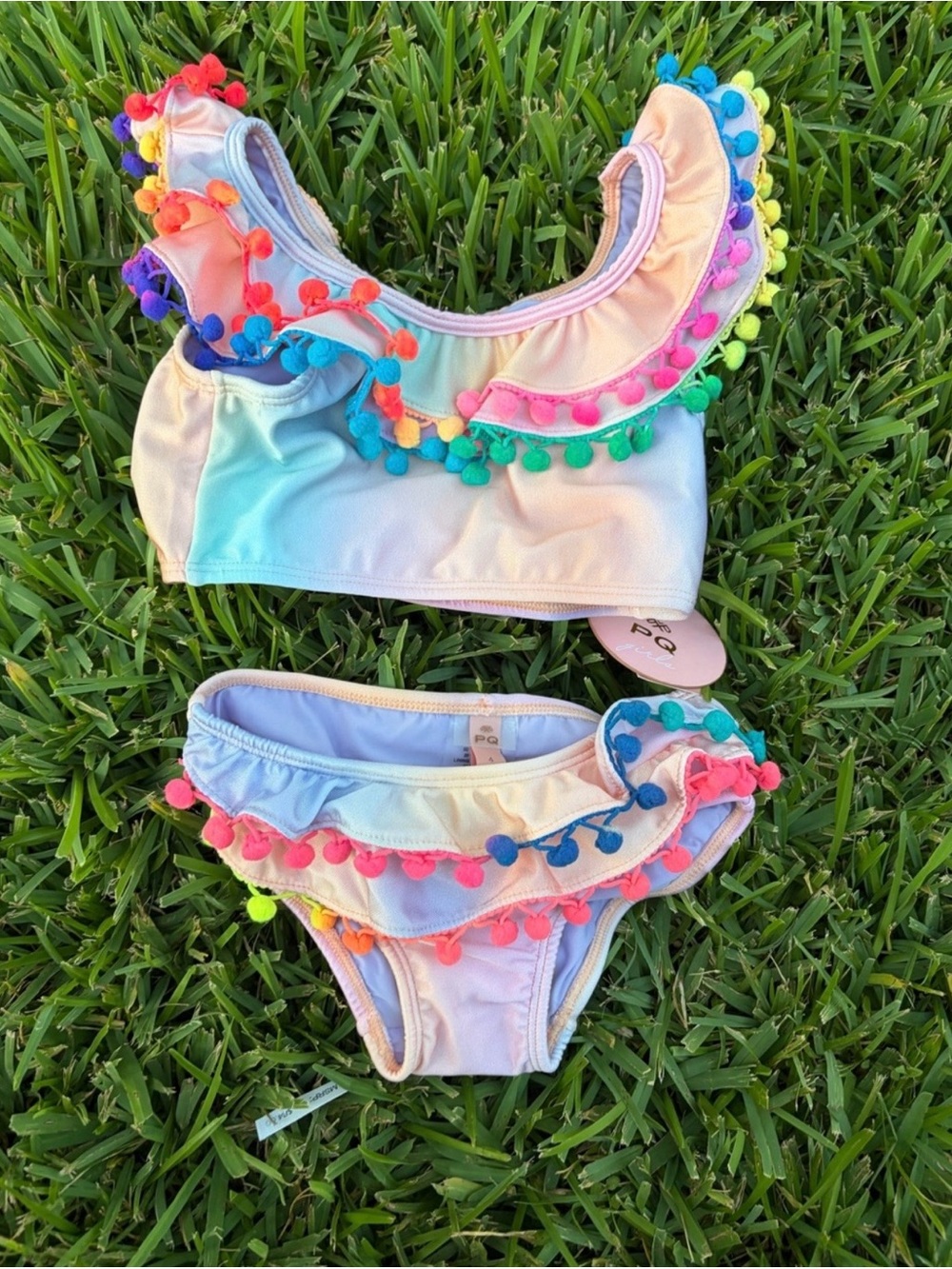 NWT PQ Girls Golden Hour Pom Pom Bikini Set Size 4 Rainbow Ruffle MSRP $78